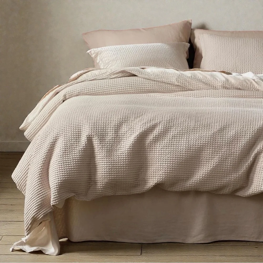 NEW West Elm Beige Waffle Weave Queen King 100% Cotton Bedding Duvet & Sham Set
